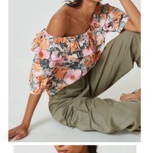 Anthropologie Floral Off-Shoulder Blouse - Pink and Orange